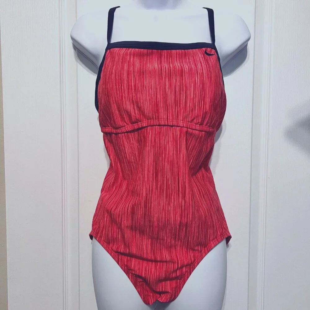 Nike Razorback Women's One Piece Swimsuit-Coral/Red/Navy Blue-Size Large-Beach